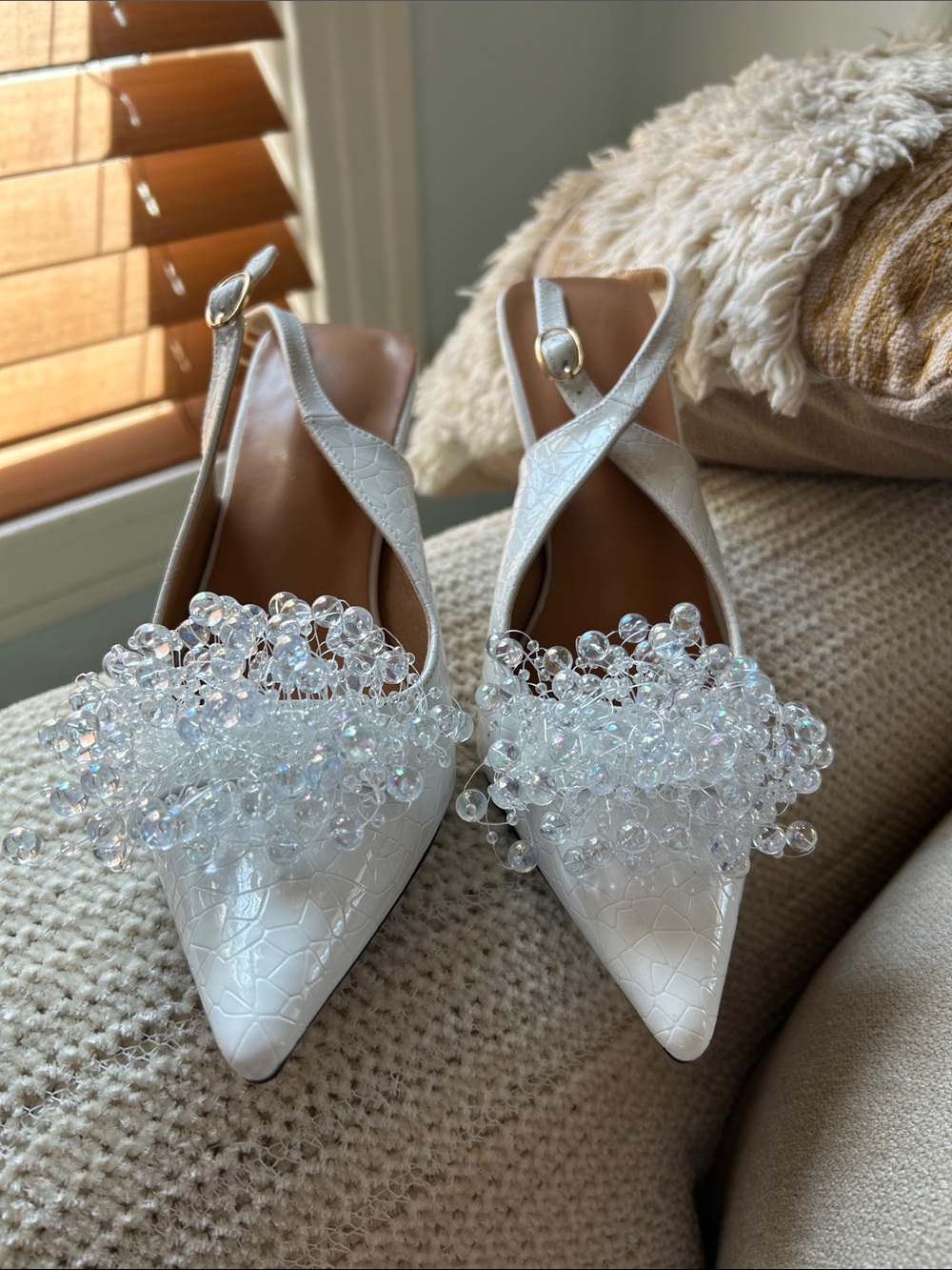 White Beaded Pointed Toe Slingback Heels - NEW